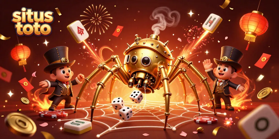 Situs toto showcases a vibrant casino scene with a steampunk spider and lucky elements in action.