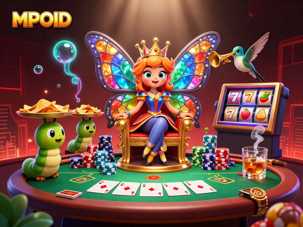 MPOID slots illustration featuring a butterfly queen and poker elements in a vibrant casino setting