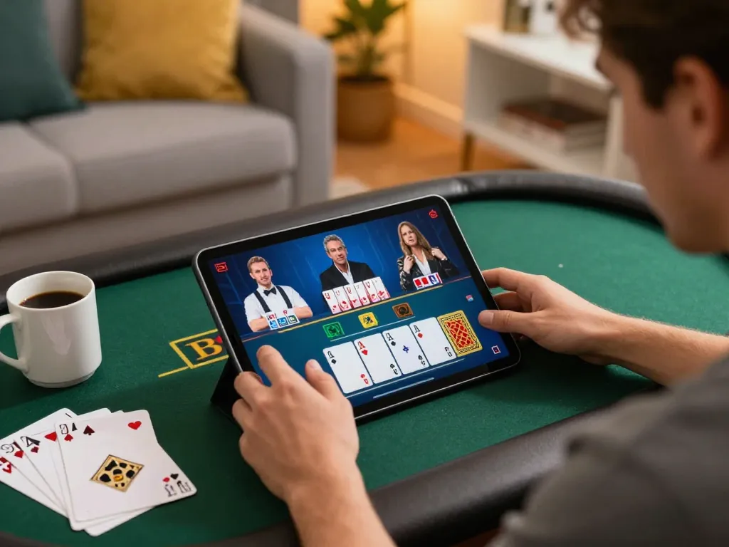 MPO ID player engaging in live dealer blackjack via tablet in a cozy home setting highlighting strategic gameplay.