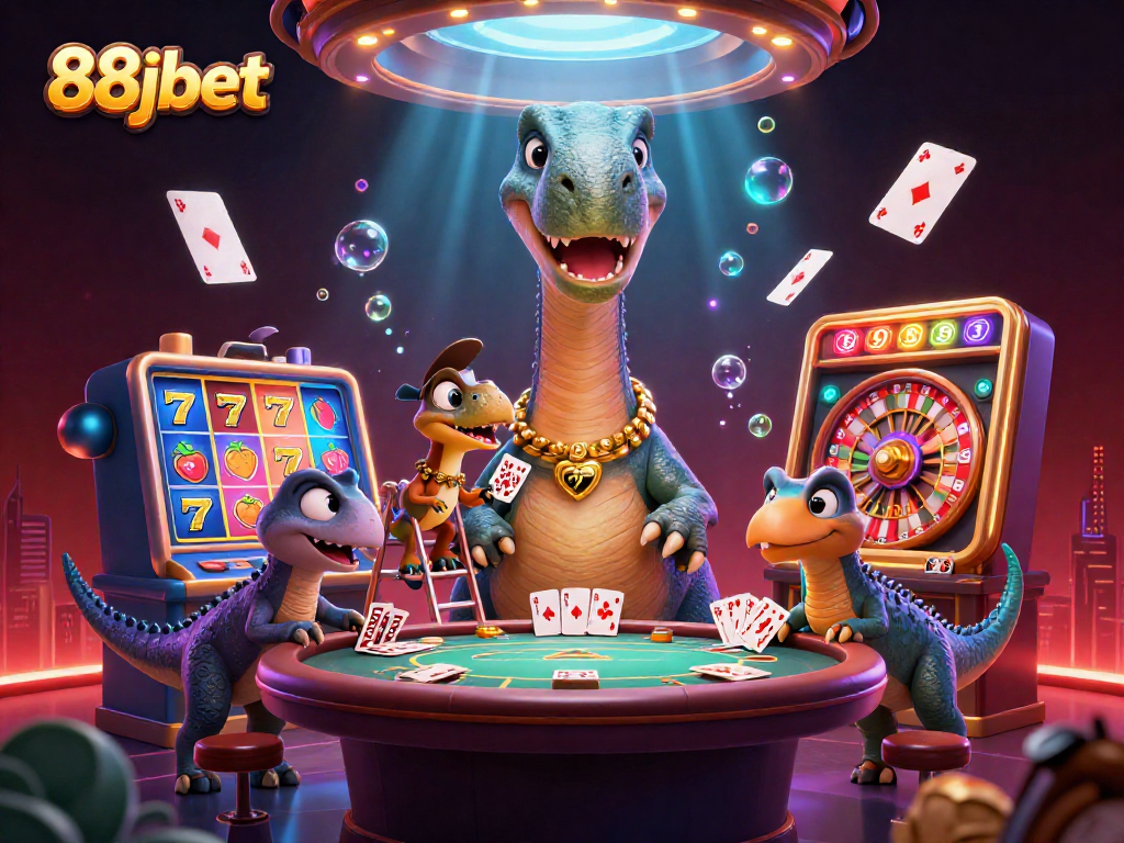 Engage with casino excitement at 88jbet, featuring a dynamic scene of a giant brontosaurus and clever raptor in action.