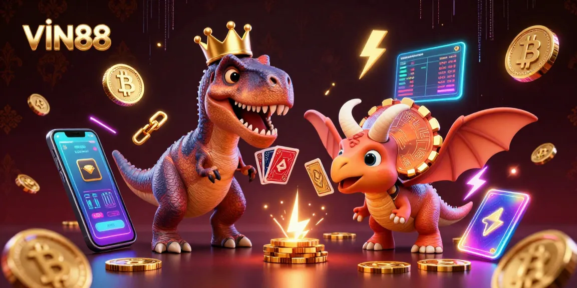 Engage with VIN88 in a vibrant crypto-themed 3D casino scene featuring dynamic characters.