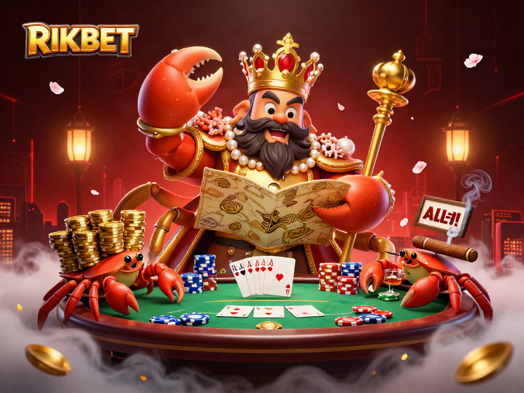 RIKBET's vibrant casino scene showcases a golden crab emperor amidst poker elements, creating an engaging atmosphere.