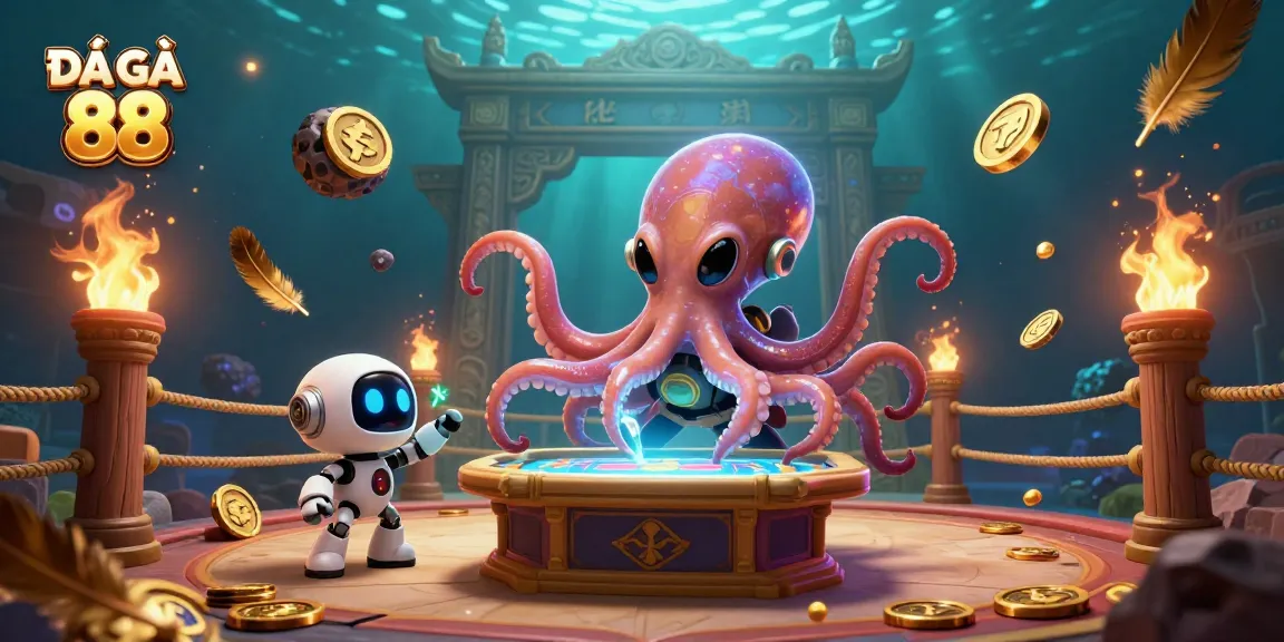 Witness the excitement of ĐÁ GÀ 88 as a vibrant octopus operates a holographic betting table amidst dynamic gambling elements.