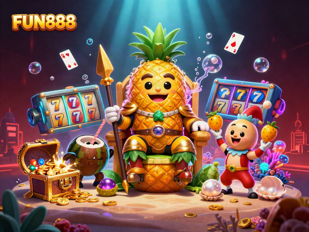 Experience FUN888 excitement with a vibrant 3D scene of the golden pineapple king and casino elements.