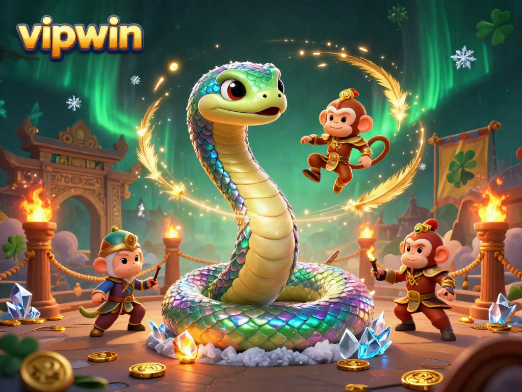 Experience the thrill at vipwin with a vibrant scene of a cartoon rainbow serpent and monkey king in a dynamic casino adventure.