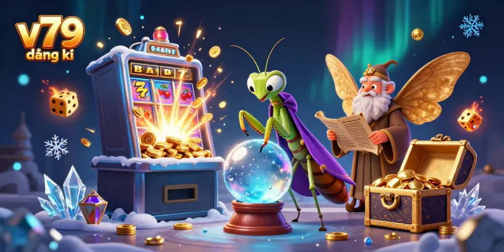 Engage with v79 đăng ký in a dynamic casino-themed scene featuring fortune tellers and slot machines.