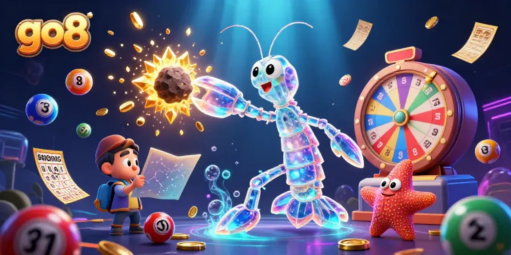 Engage with go8's vibrant gaming action as a galactic mantis shrimp breaks through asteroid gems in a dynamic casino scene.