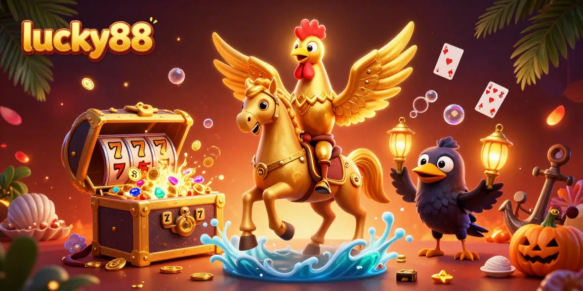 Experience the thrill of lucky88 slots in this vivid casino scene with golden rooster and treasures.