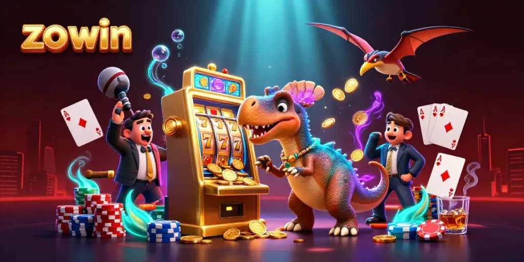 Experience a thrilling jackpot with zo win as a dinosaur headbutts a golden slot machine.