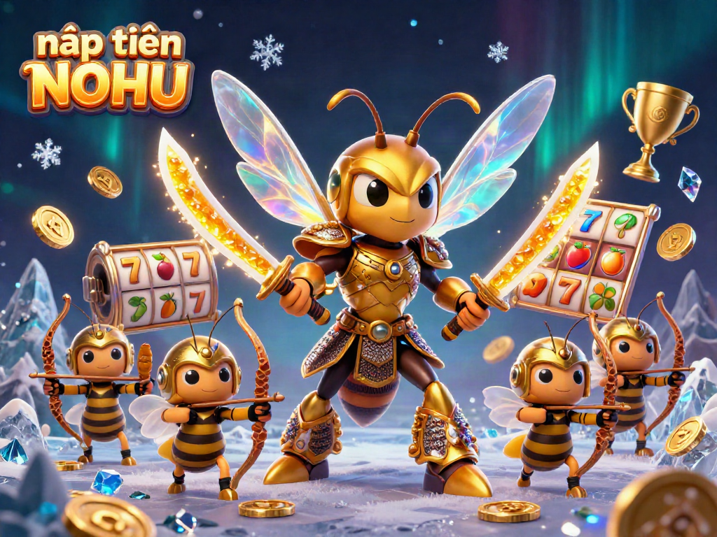Experience the ultimate fun with nạp tiền NOHU, featuring gold hornets wielding honey katanas amidst 3D slot elements and vibrant gold coins.