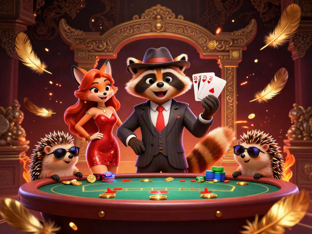 Engaging raccoon and friends enjoy poker at JBO Vietnam's vibrant casino.