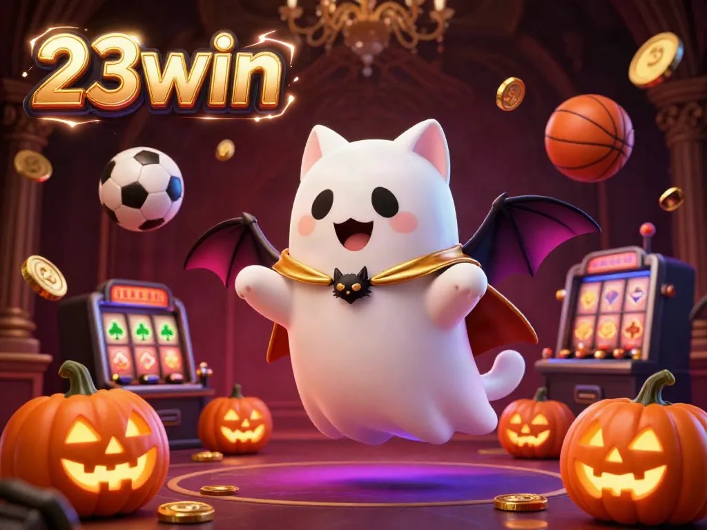 Experience the thrill of winning at 23win with a haunted casino scene featuring dynamic sports elements and glowing jack-o-lanterns.