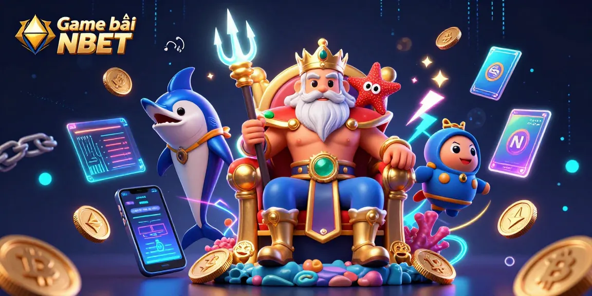 Win with Game bài NBET featuring a dynamic 3D scene of Neptune and crypto elements.
