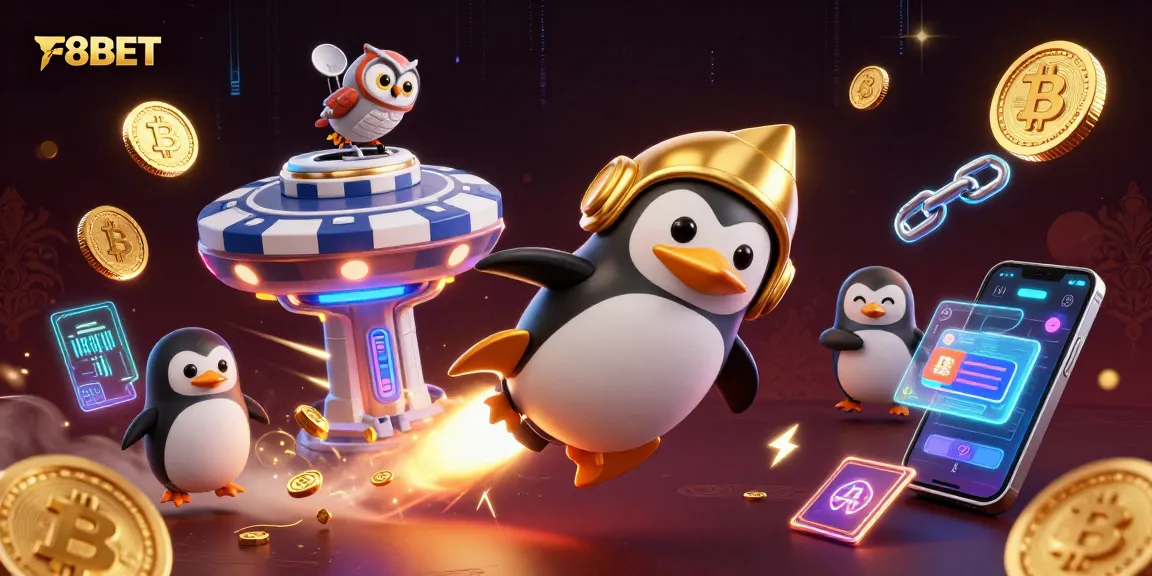 Watch F8BET’s golden penguin soar toward a vibrant casino space station filled with crypto elements.