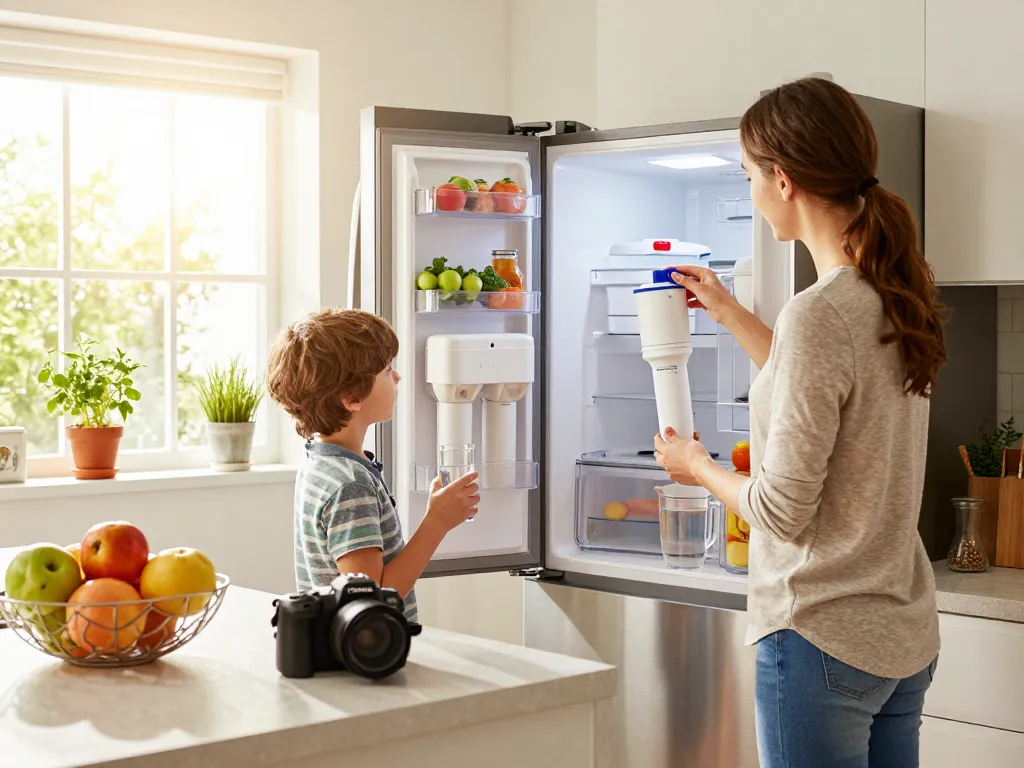 Family learning about the Waterdrop Replacement for GE® RPWFE® filter in a bright kitchen.
