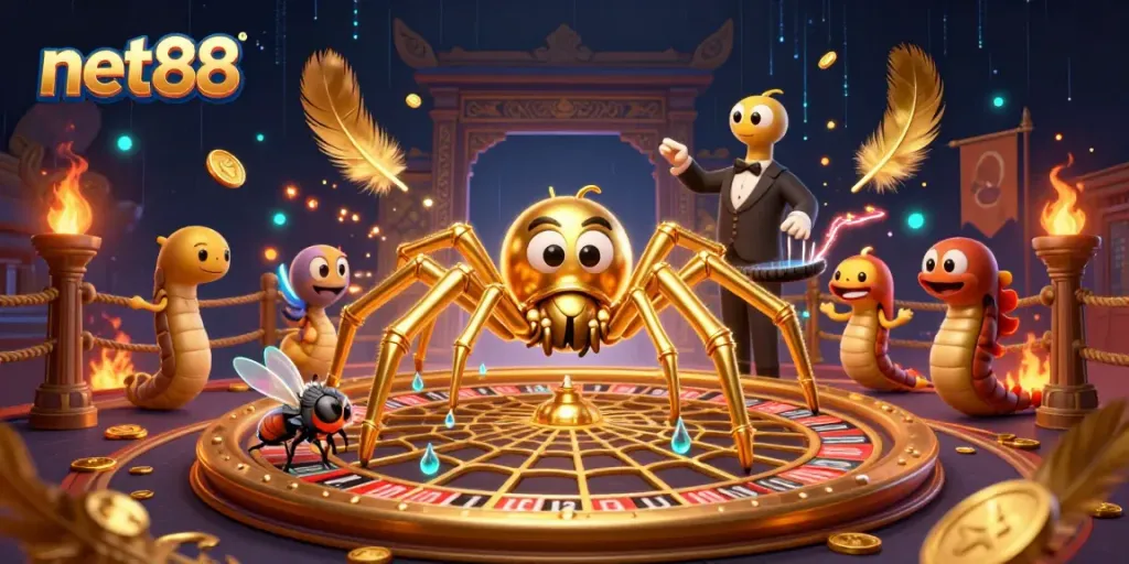 Experience the excitement of net88 with an illustrated scene of a spider, croupier, and gambling elements.