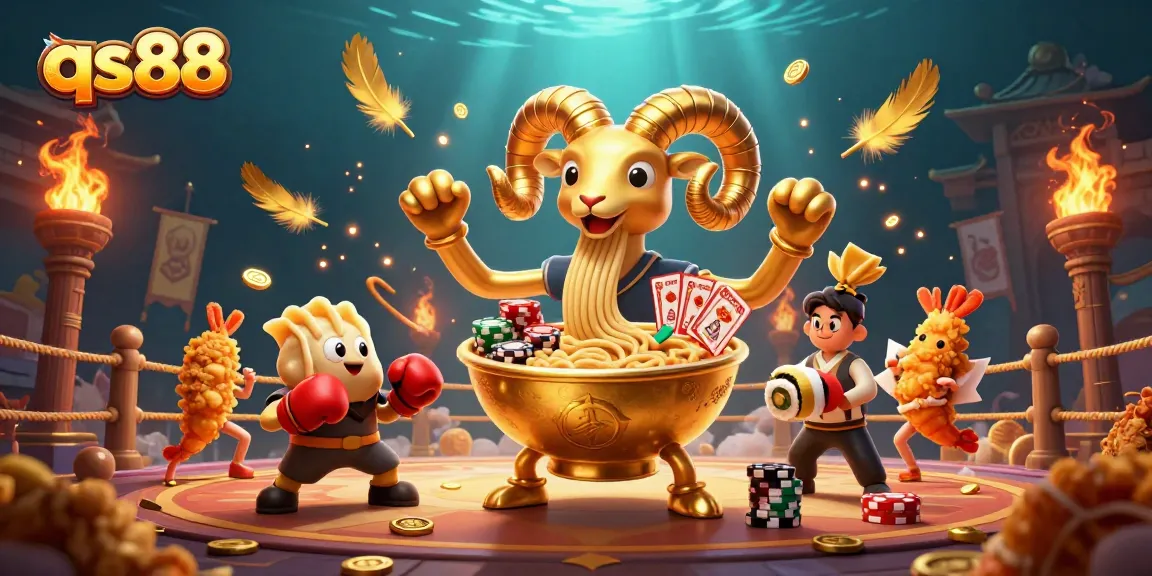 Join qs88 gaming with a vibrant 3D scene showcasing a giant ramen bowl dealer, chips, and casino excitement.