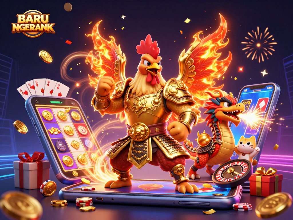 Engage in thrilling gaming action with BARU NGERANK, featuring colorful slot games and dynamic characters.