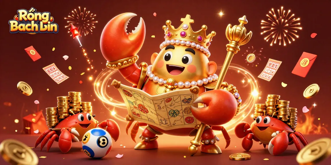 Rồng Bạch Kim showcases a golden crab emperor with a treasure map in a vibrant lottery scene.