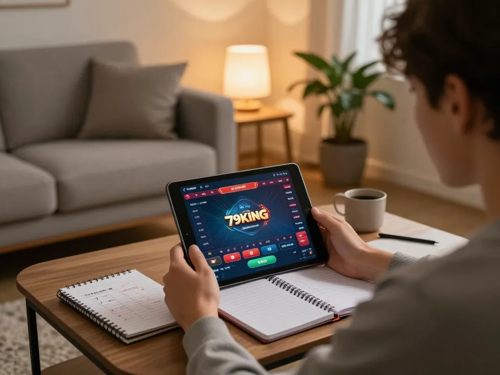 Playing online games with the 79king platform on a tablet, showcasing engaging home gaming.