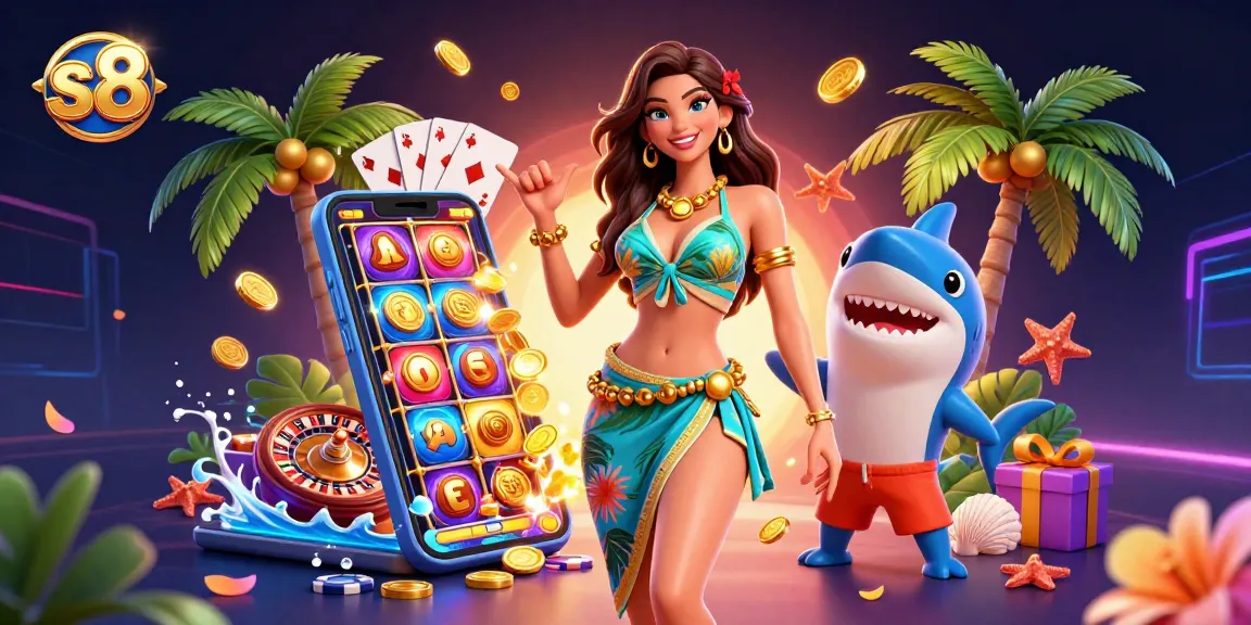 S8 players enjoying vibrant slot games with a tropical scene, featuring dynamic characters and festive elements.