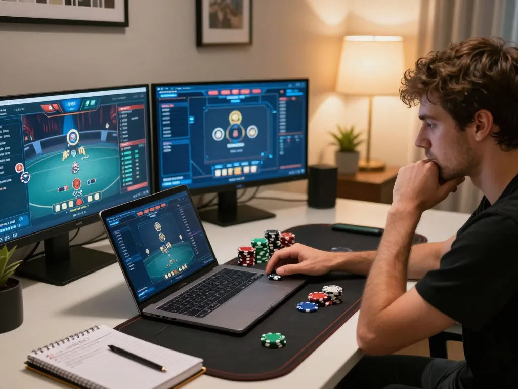 Nego77 login as players strategize at an online poker game on multiple screens