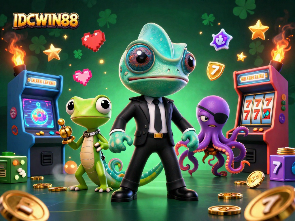 Engage with IDCWIN88's vibrant gaming scene featuring animated characters and casino elements.