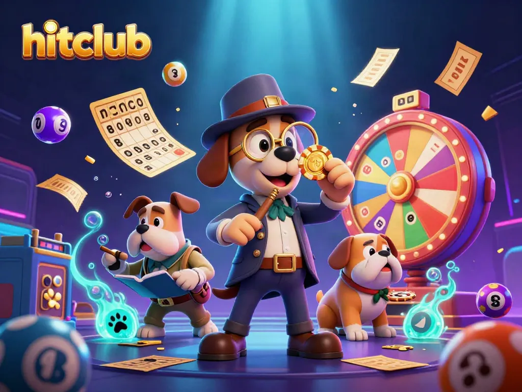 Experience the vibrant gaming action at hitclub with lively illustrations of giant poker chips and colorful lottery balls.
