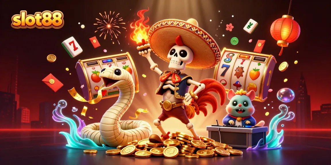 Experience thrilling slot88 gameplay with vibrant characters dancing amid casino elements.