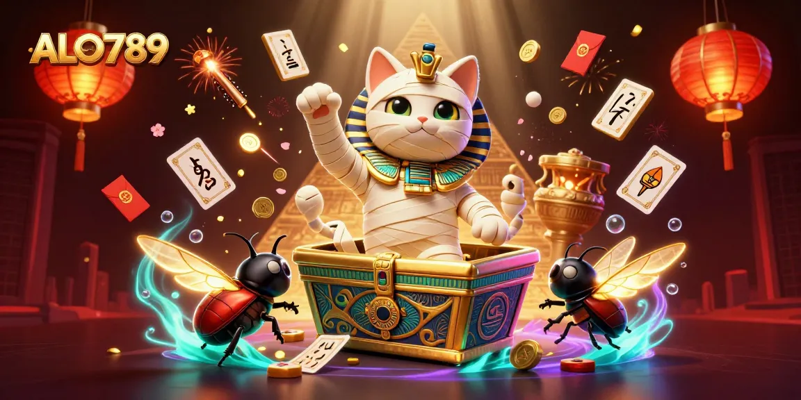 Play and win with ALO789 – vibrant 3D illustration of a mummy cat in a pyramid casino, showcasing enchanting casino elements.