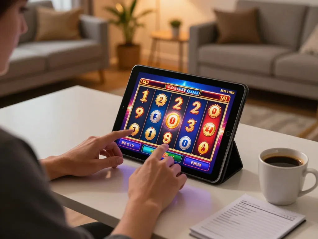 Engaging gameplay at the best online casinos in Canada, showcasing a player spinning colorful slot reels on a tablet in a cozy home setting.