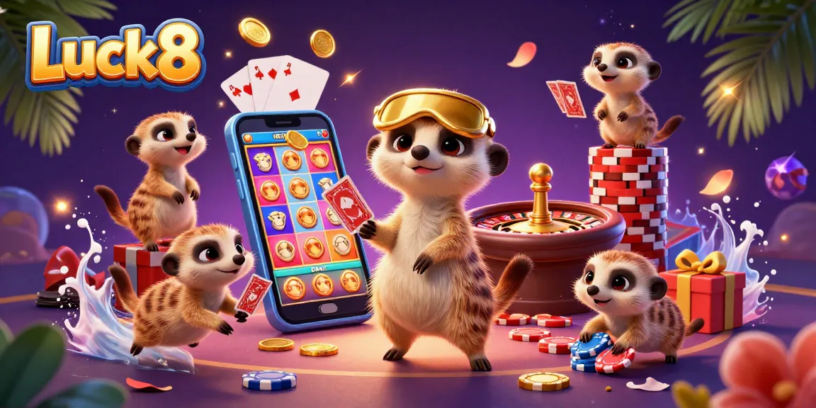 Luck8 showcases a dynamic meerkat casino scene featuring card dealers and slot games.