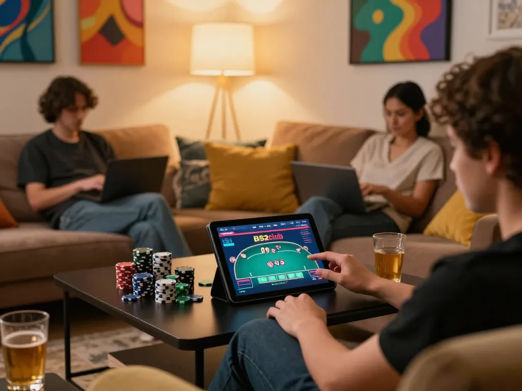 B52club player strategizing with poker chips and tablet in a cozy home gaming setup