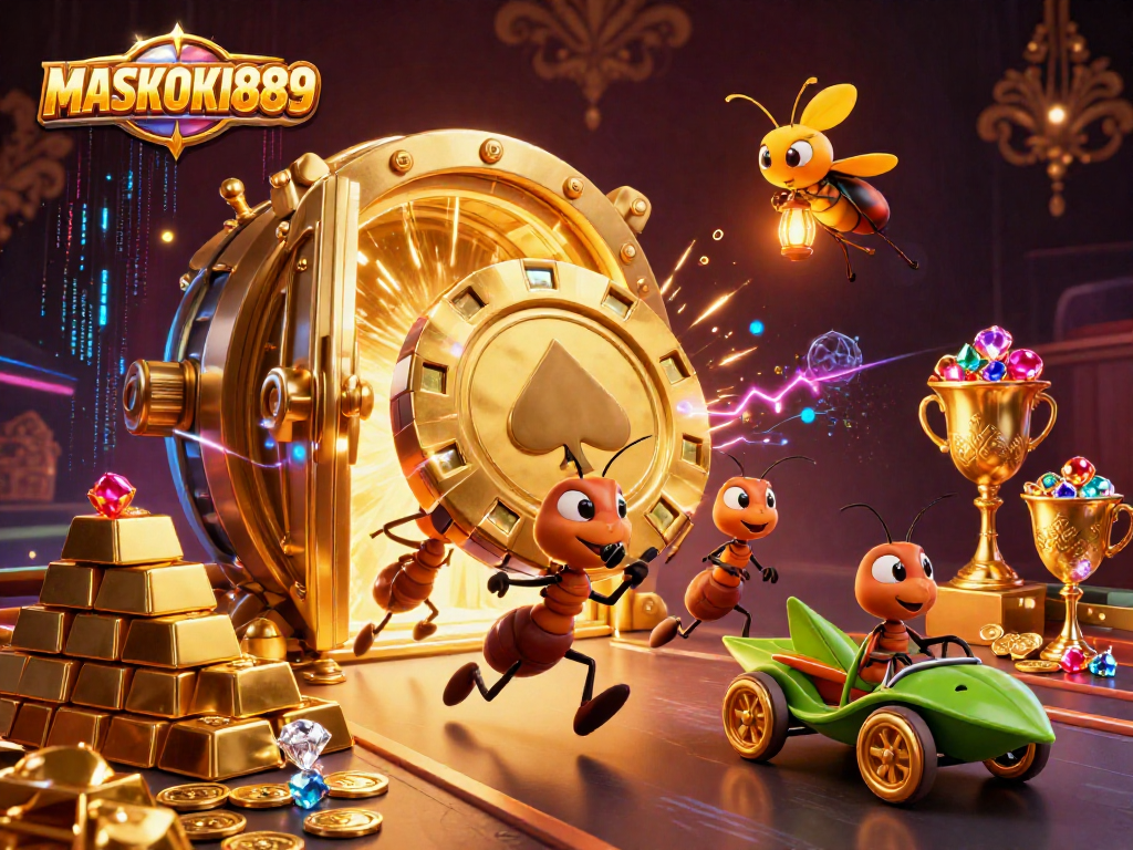 Watch the MASKOKI889 team of ants execute a thrilling heist with golden poker chips and treasures.