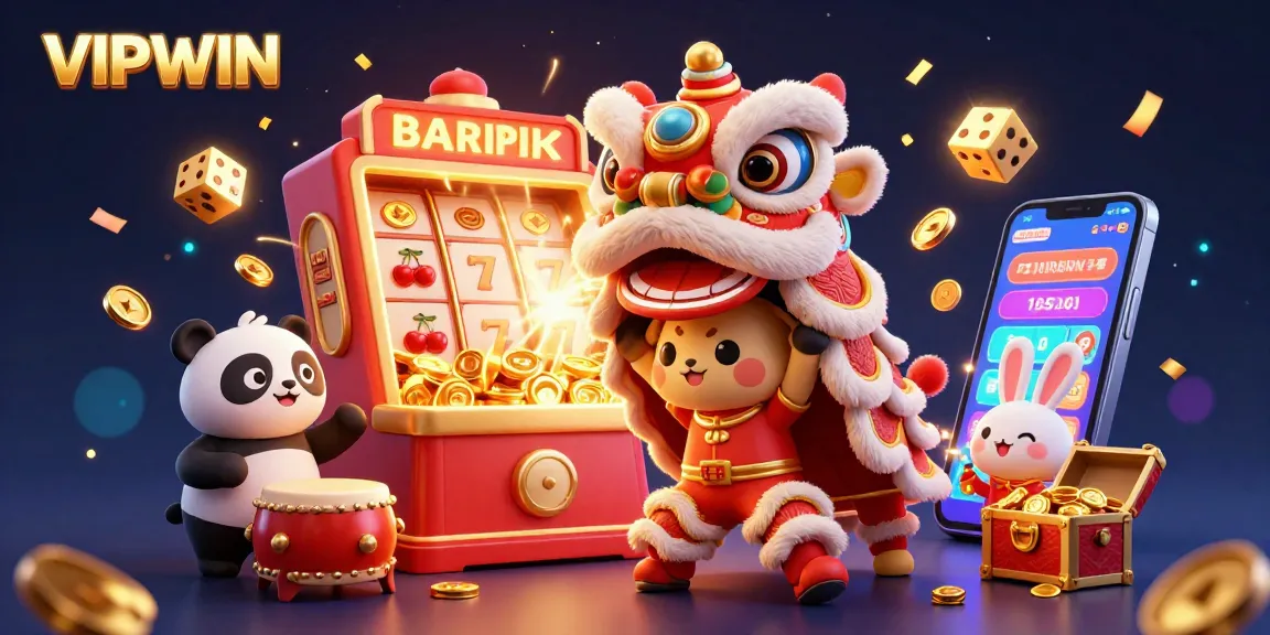 Experience the excitement of VIPWIN with a 3D illustration featuring lively casino elements and characters.