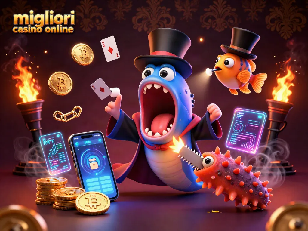 I migliori casinò online presentano un'illustrazione di un'anguilla magica che fa trucchi di carte.
