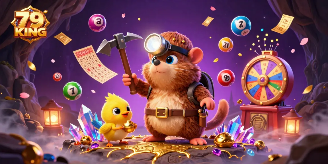 Play dynamic games at 79 KING with bouncing lottery balls and a treasure hunter in a vibrant scene.