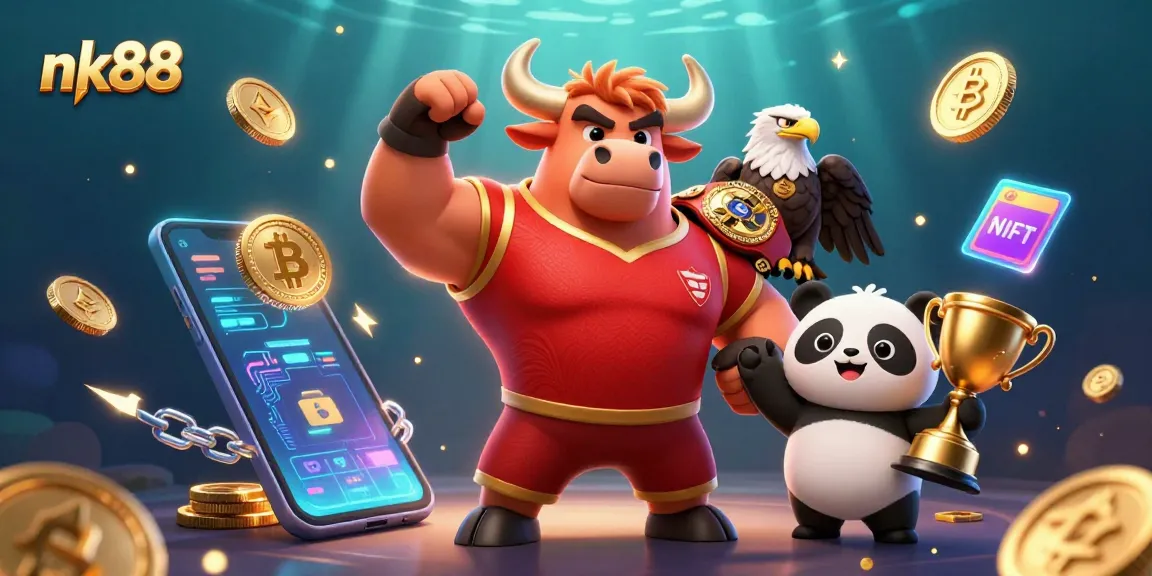 Win big with nk88 in this vibrant 3D cartoon scene of mascots celebrating gambling!