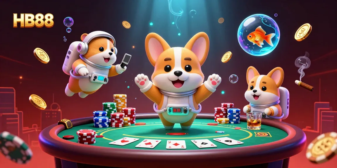 Engage with HB88's thrilling casino atmosphere featuring a floating corgi, poker elements, and vibrant visuals.
