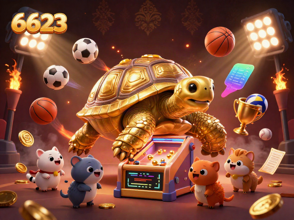 Engaging scene with 6623's colossal turtle pinball machine and excited animals playing amidst dynamic sports action.