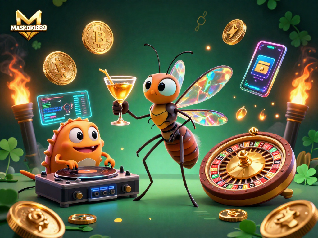Experience lively gambling action with MASKOKI889 as vibrant cartoon characters interact in a dynamic casino scene.