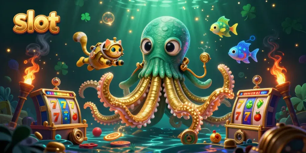 Experience thrilling slot gameplay with a kraken and diving cat in a colorful casino scene.