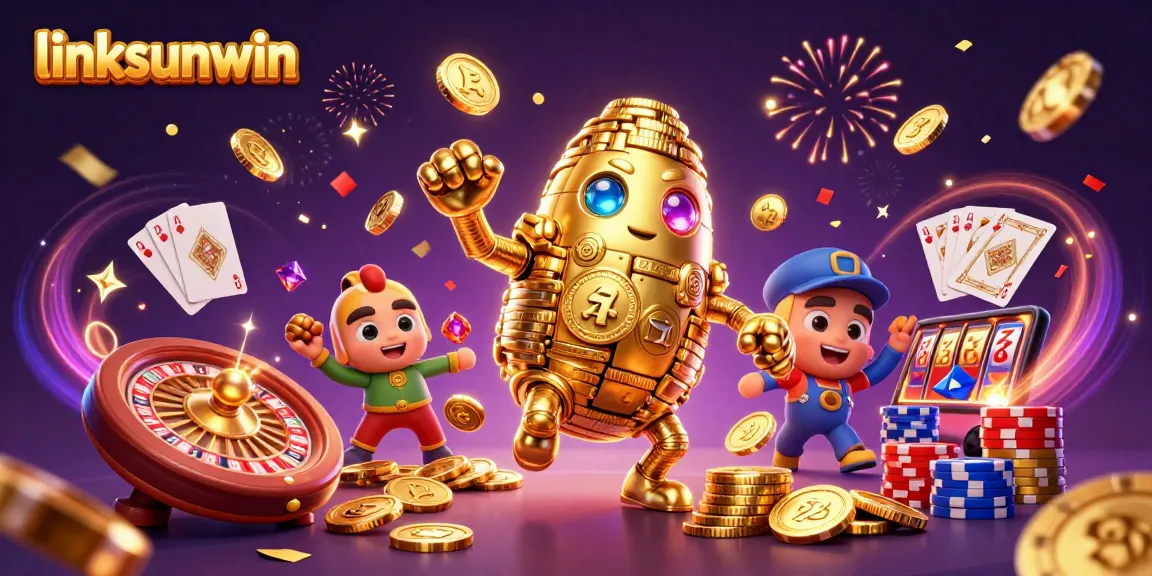 Linksunwin showcases thrilling casino action with a golden golem and vibrant game elements.