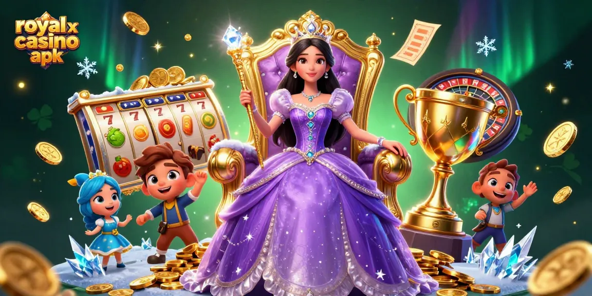 Experience thrilling gameplay with the royal x casino apk as a beautiful Asian princess holds a golden scepter amidst slot reels.