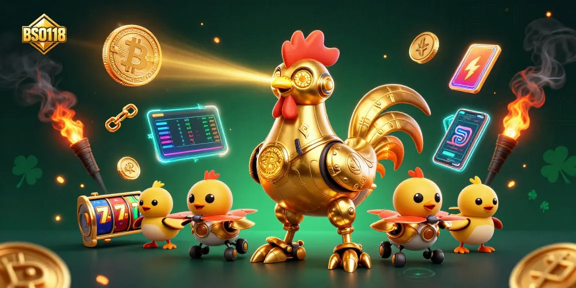 Play with BSO118: Dynamically engaging scene featuring a golden rooster robot and baby chick drones in a vibrant casino.