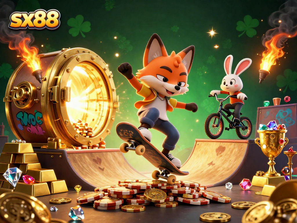 SX88 showcases a vibrant 3D scene of a fox and rabbit performing tricks amidst sparkling casino treasures.