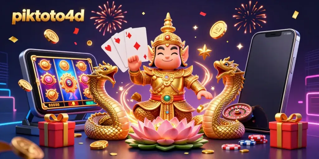 Play exciting slot games on piktoto4d with a colorful 3D illustration showing casino elements.