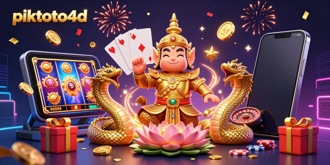 Play exciting slot games on piktoto4d with a colorful 3D illustration showing casino elements.
