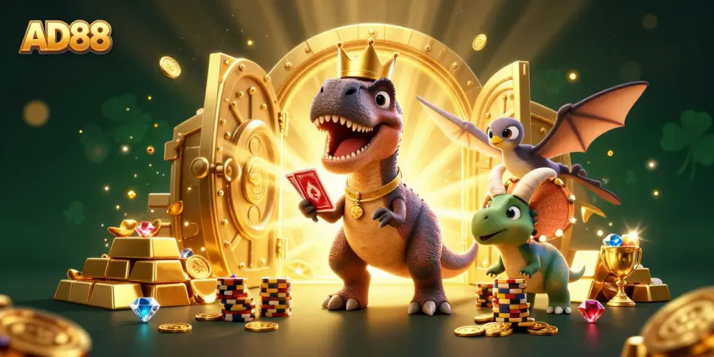 AD88 players experience an exciting casino moment with friendly characters, vibrant treasures, and dynamic gaming action.