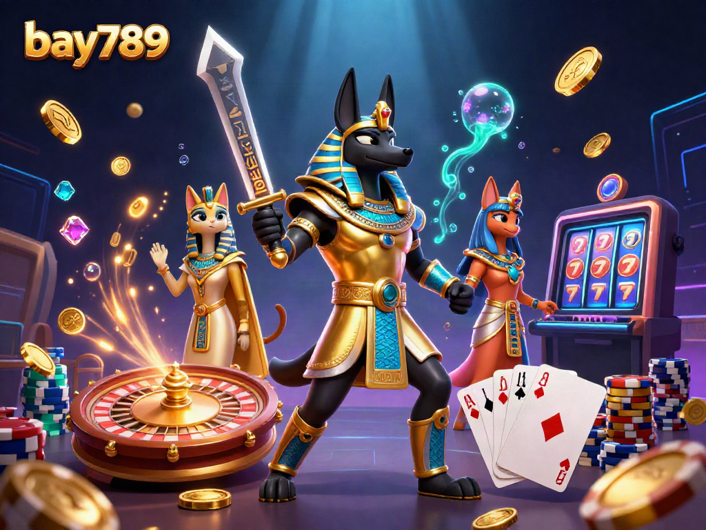 Experience thrilling gameplay at bay789 with Anubis and Bastet amidst a backdrop of sparkling casino elements.